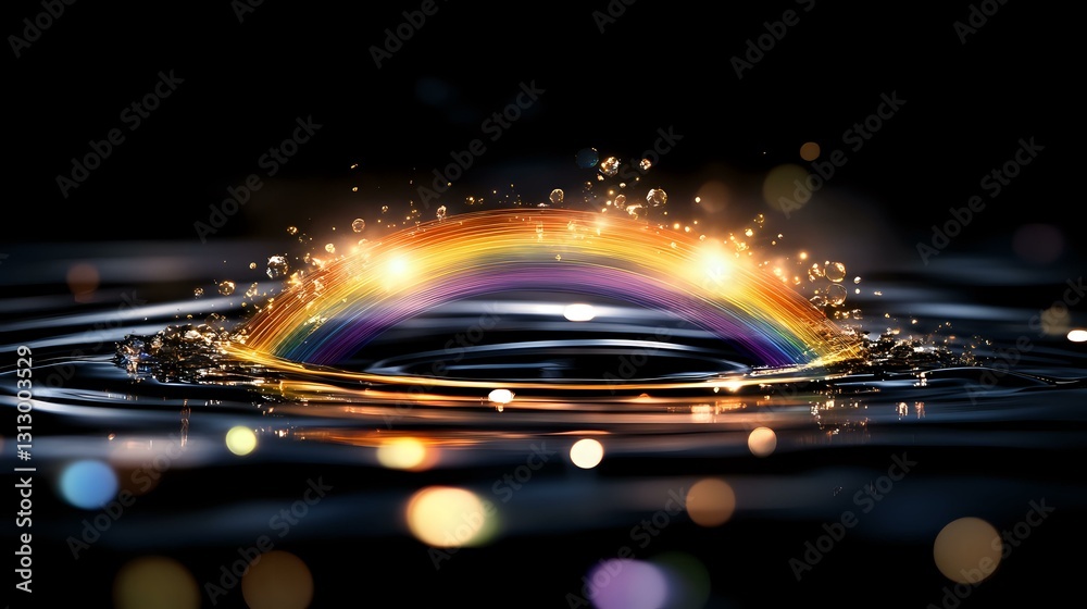 Magical rainbow arch emerging from dark water surface with splashes and bokeh light effects, creating dramatic contrast between colors and reflections. Magical rainbow arch emerging from dark water surface with splashes and bokeh light effects, creating dramatic contrast between colors and reflections.
