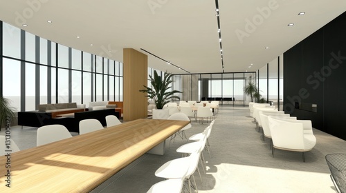 Modern office interior featuring a spacious meeting area and contemporary furniture.