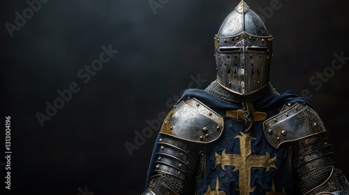 A knight in shining armor stands ready for battle, showcasing medieval craftsmanship and valor.