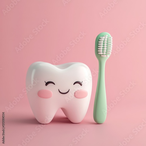Happy tooth and toothbrush on pink.  Oral hygiene for kids