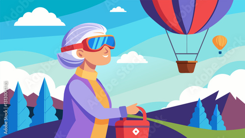 An elderly woman with limited mobility uses virtual reality to take a virtual hot air balloon ride seeing stunning views and feeling the rush of wind in her hair.. Vector illustration