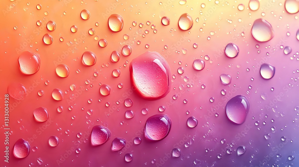 Transparent water drops on gradient colored surface with orange, pink and purple tones creating fresh condensation effect. Natural light reflections in droplets. Transparent water drops on gradient colored surface with orange, pink and purple tones creating fresh condensation effect. Natural light reflections in droplets.