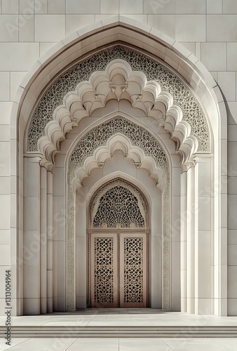 Ornate Islamic architecture featuring multiple pointed arches with intricate geometric patterns and carved details in white marble  leading to decorative wooden doors.