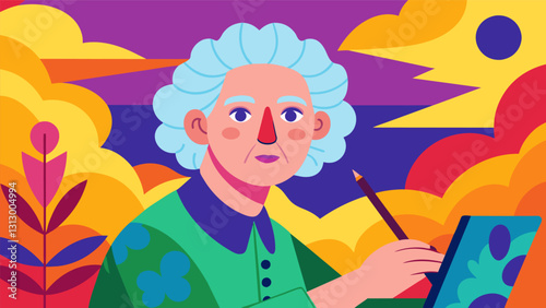 An elderly woman painting a selfportrait using vibrant colors and patterns to celebrate her individuality and selfexpression.. Vector illustration