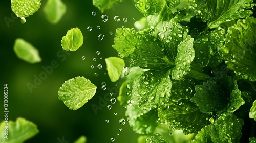 Fresh mint leaves with water droplets, vibrant green colors, lush and healthy. Perfect for refreshing drinks or healthy recipes.
