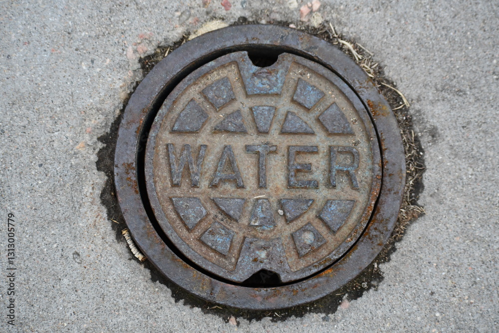 Water manhole. Access to water mains. Slightly rusted steel. Water manhole. Access to water mains. Slightly rusted steel.