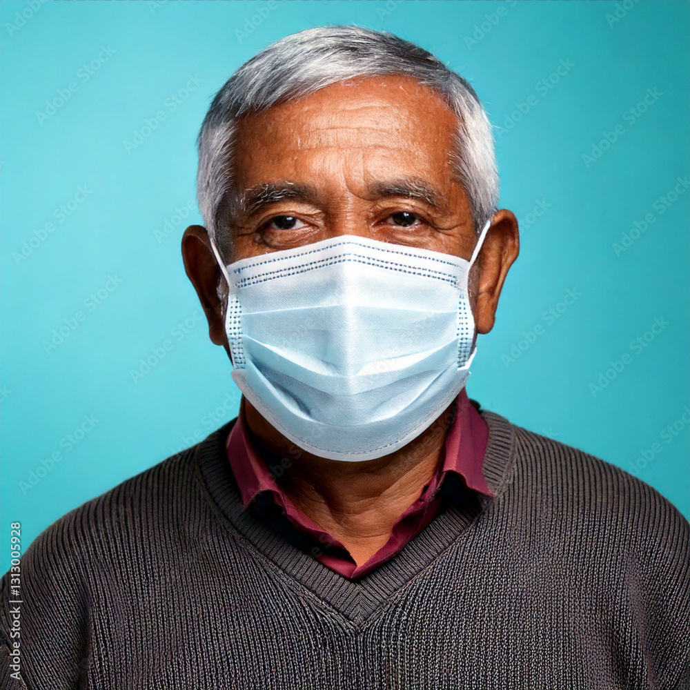 senior man wearing a blue medical mask