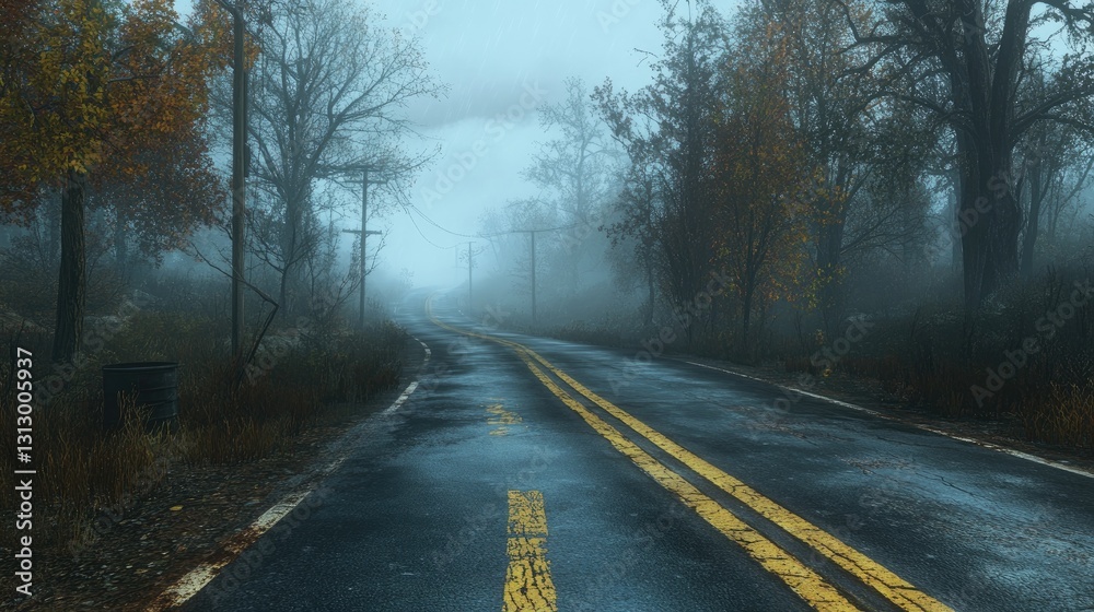 A foggy road with faded lane markings, disappearing into the misty distance. A foggy road with faded lane markings, disappearing into the misty distance.