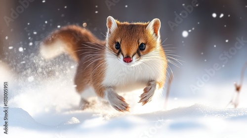 Red weasel sprinting through snowy winter forest