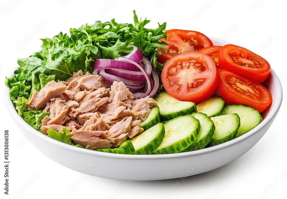 Fresh and Healthy Salad with Tuna, Cucumbers, Tomatoes, Red Onions, and Leaf Lettuce Served in a White Bowl on a Clean Background Fresh and Healthy Salad with Tuna, Cucumbers, Tomatoes, Red Onions, and Leaf Lettuce Served in a White Bowl on a Clean Background
