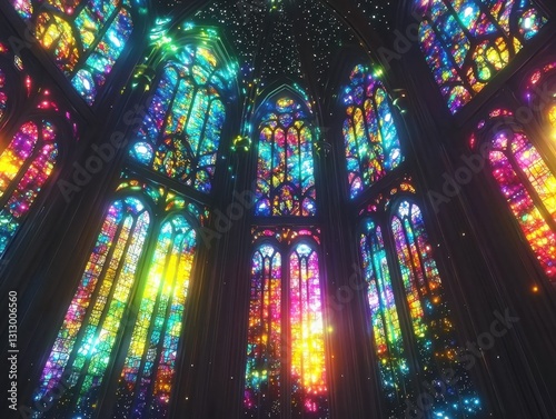 Spectacular stained glass windows in an architectural marvel  illuminated by a celestial display of colorful light.