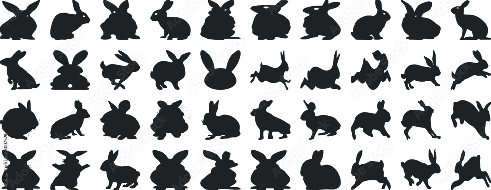Fototapeta premium Rabbit silhouettes collection, 40 black bunny vector icons in various poses, minimalist animal shapes for Easter and nature design projects, EPS format