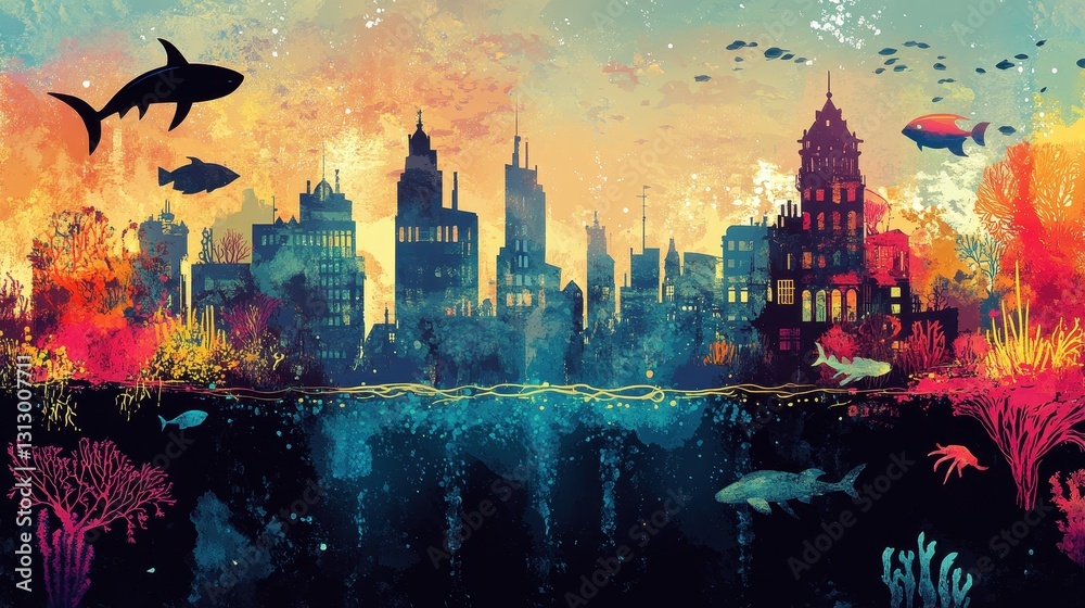 Fototapeta premium A stylized artistic depiction of an underwater city landscape