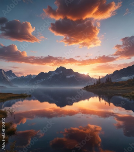 Majestic orange hues of sunrise illuminate the clouds as it rises above a peaceful blue lake landscape , water, sun
