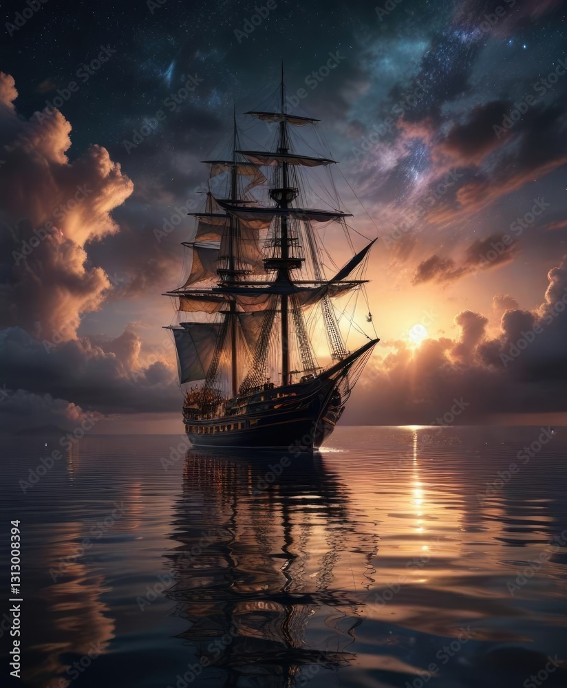 Majestic sailing vessel anchored in calm waters under a star-filled night sky with dark clouds scattered above, evening sail, peaceful harbor, nautical scene Majestic sailing vessel anchored in calm waters under a star-filled night sky with dark clouds scattered above, evening sail, peaceful harbor, nautical scene