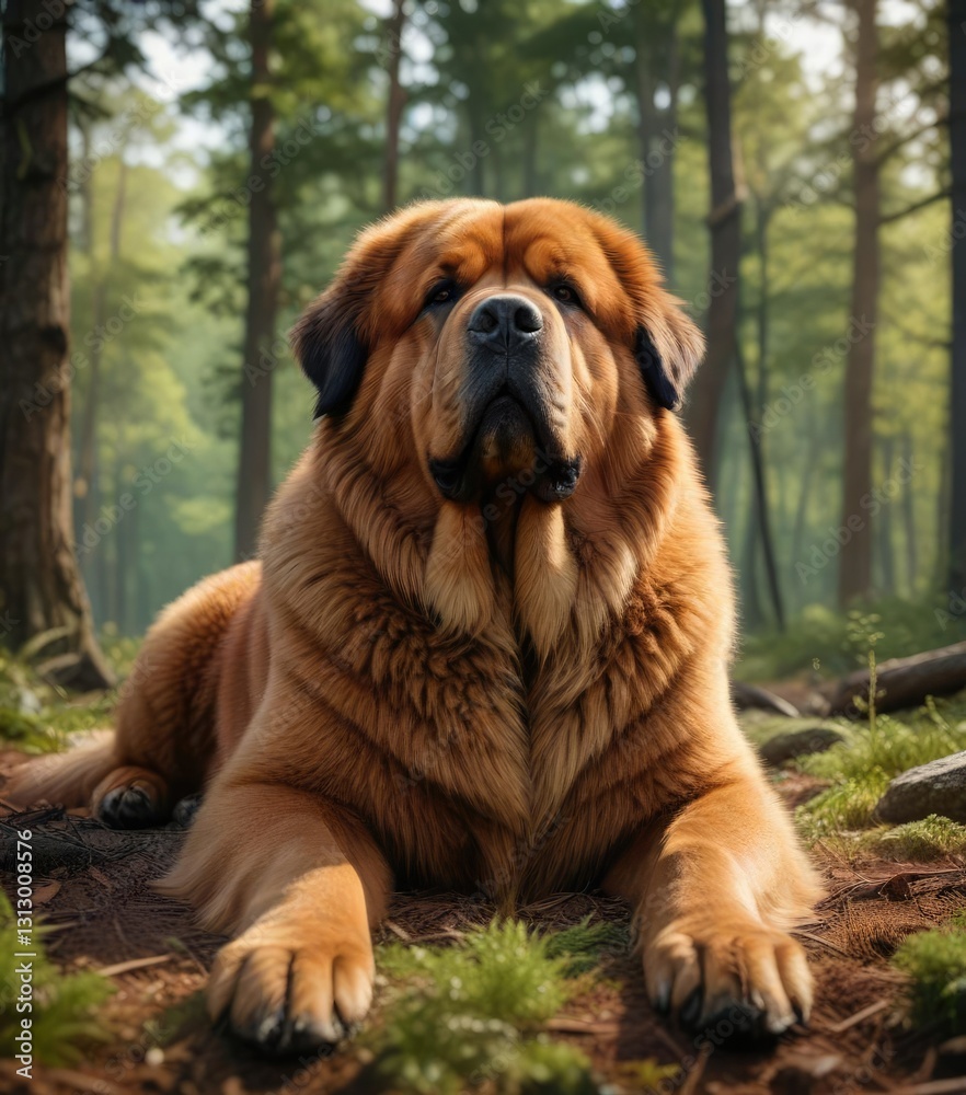 Majestic Tibetan Mastiff lying on forest floor , ground, earthy, blending Majestic Tibetan Mastiff lying on forest floor , ground, earthy, blending