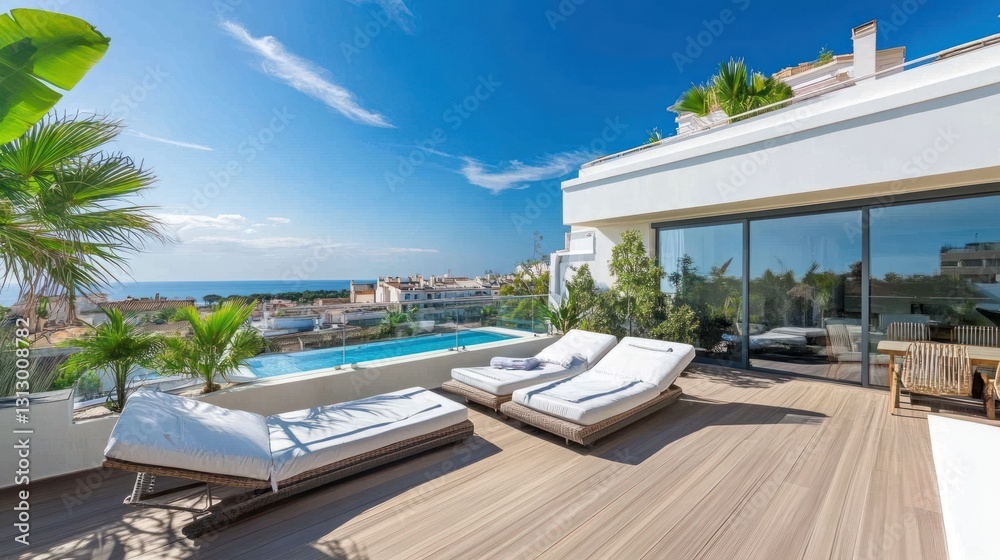Fototapeta premium Modern terrace with pool overlooking the sea, featuring sun loungers and lush greenery.