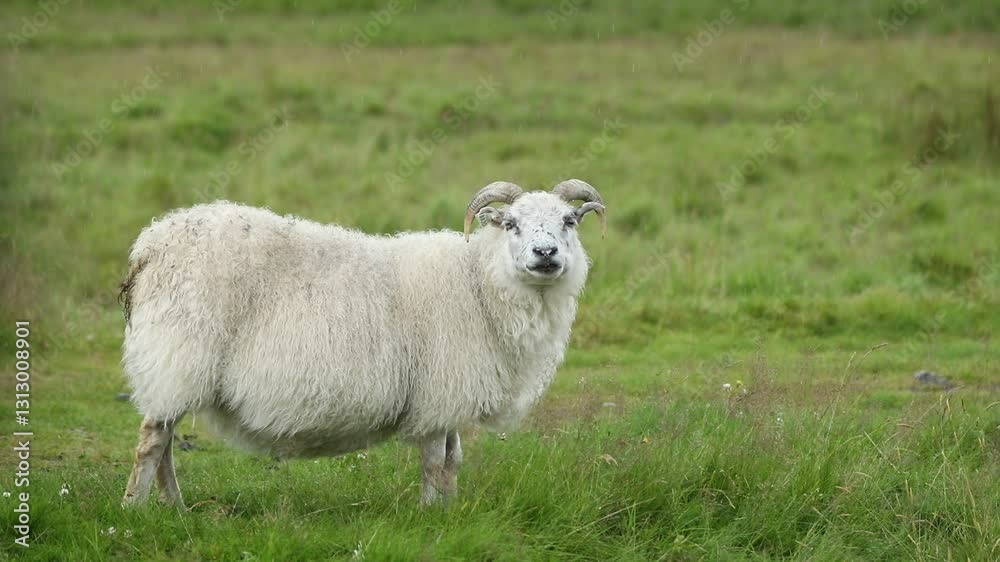 Sheep walking in the grassy area and waterfall area of Iceland Sheep walking in the grassy area and waterfall area of Iceland