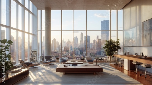 Modern urban living space with panoramic city views and contemporary furnishings.