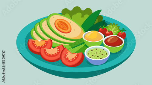 The ultimate combination of healthy and delicious this vegan platter features a rainbow of fresh sliced vegetables paired with some zesty avocado. Vector illustration