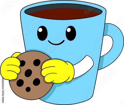 Cute Coffee Cup Mascot Holding Chocolate Chip Cookie for Cafe Branding
