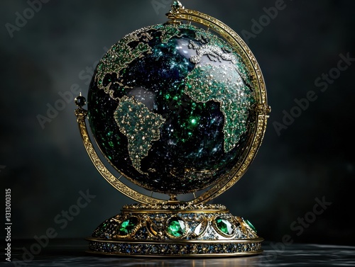 Ornate Earth Globe: A decorative, bejeweled world globe, set against a dark backdrop, highlighting craftsmanship and shimmering detail.