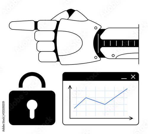 Robotic hand pointing, padlock symbolizing data security, growth chart indicating progress and analytics. Ideal for technology, innovation, automation, security, AI, business growth futuristic