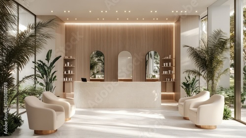 A modern beauty salon reception desk with a luxurious waiting area and elegant decor. photo