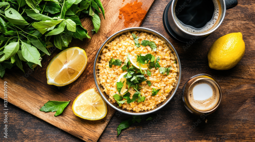 Sajja Upma in a Bowl with Lemon and Filter Coffee, South Indian Morning Meal Sajja Upma in a Bowl with Lemon and Filter Coffee, South Indian Morning Meal