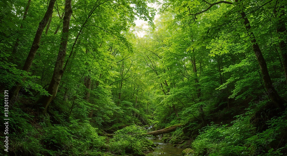 Lush green forest with flowing stream under soft light, promoting tranquility and natural beauty Lush green forest with flowing stream under soft light, promoting tranquility and natural beauty