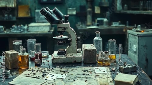 Abandoned lab microscope on cluttered table. Possible stock photo use