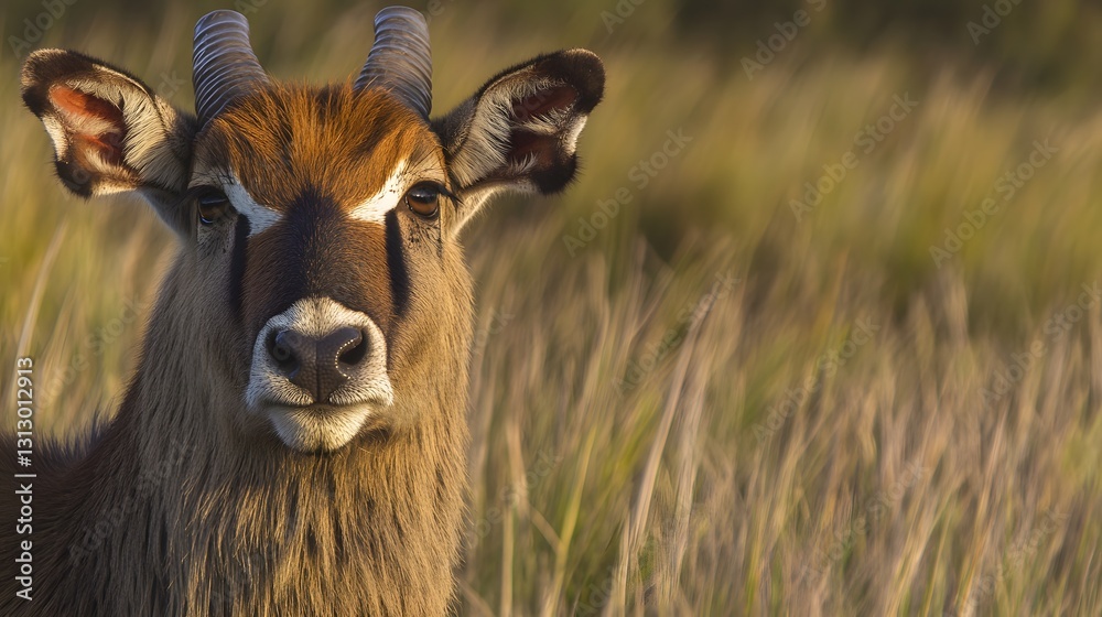 Fototapeta premium Majestic Waterbuck Antelope Portrait in Grassland