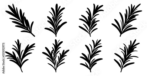 Collection of eight black silhouette illustrations of rosemary sprigs in various styles and orientations