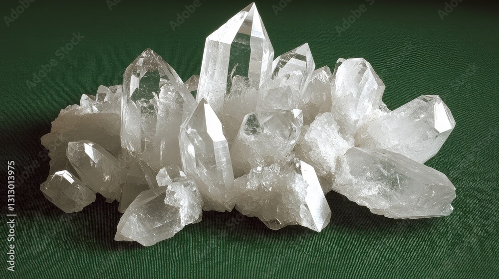 A pile of sharp-edged crystal rocks arranged on a deep emerald green background. A pile of sharp-edged crystal rocks arranged on a deep emerald green background.