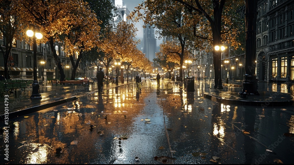 Rainy autumn evening on a city street with glowing streetlights and reflections.