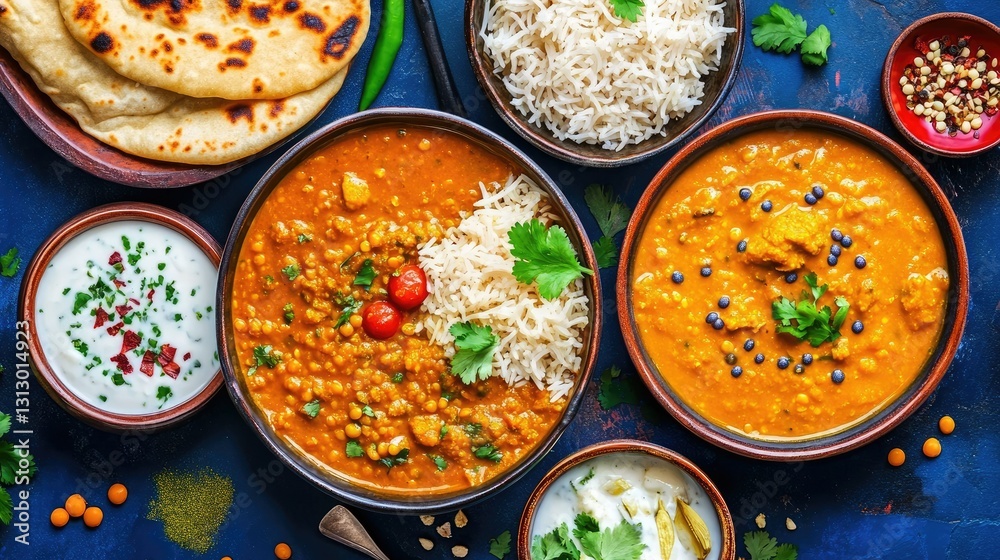 A perfectly plated Indian-inspired dinner with red lentil soup, coconut milk, golden curry, basmati rice, and naan on a deep blue background. A perfectly plated Indian-inspired dinner with red lentil soup, coconut milk, golden curry, basmati rice, and naan on a deep blue background.
