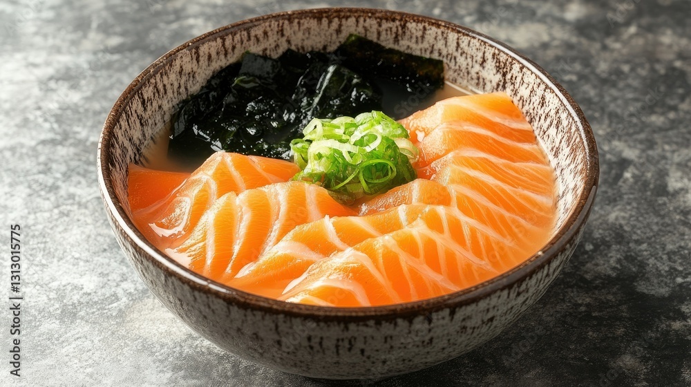 A simple yet elegant Japanese miso soup bowl, filled with fresh salmon, seaweed, and miso broth, placed on a gray stone countertop. A simple yet elegant Japanese miso soup bowl, filled with fresh salmon, seaweed, and miso broth, placed on a gray stone countertop.