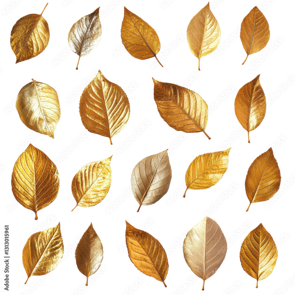 Fototapeta premium Golden leaves arranged artistically on a white background showcasing various shapes and sizes for autumn decor inspiration