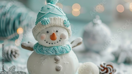 Cute snowman decoration with a knitted hat and scarf, surrounded by festive ornaments and a soft winter background