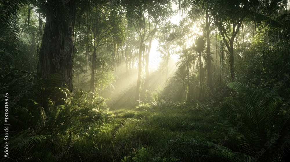 Fototapeta premium Sunbeams pierce through a lush, misty jungle.