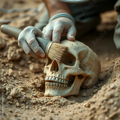 A close-up of an archaeologist brushing dust off an ancient human skull in a dig site