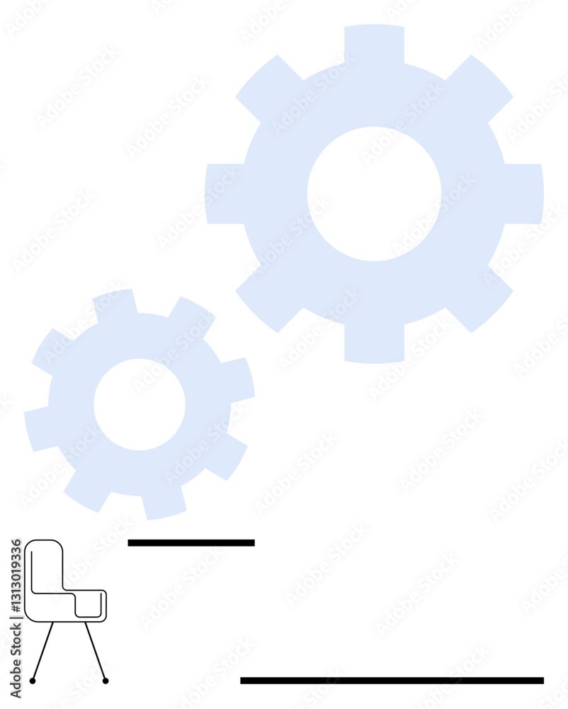Minimalist design with a chair and two gears of different sizes, symbolizing teamwork and productivity. Ideal for teamwork, efficiency, organization, process, innovation, planning workflow. Flat Minimalist design with a chair and two gears of different sizes, symbolizing teamwork and productivity. Ideal for teamwork, efficiency, organization, process, innovation, planning workflow. Flat