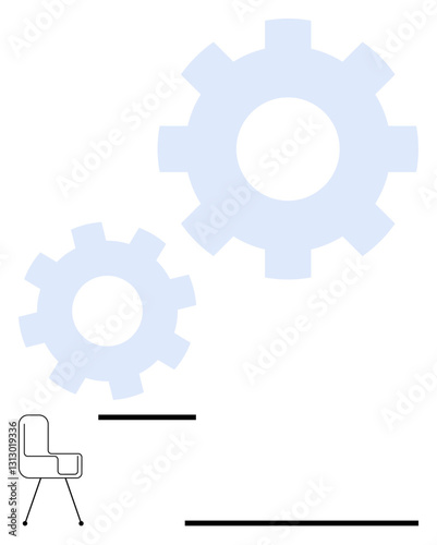 Minimalist design with a chair and two gears of different sizes, symbolizing teamwork and productivity. Ideal for teamwork, efficiency, organization, process, innovation, planning workflow. Flat