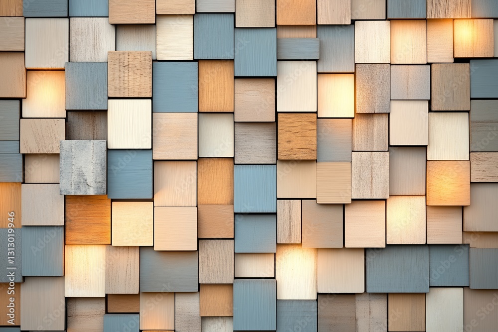 Φωτογραφία A visually appealing abstract arrangement of wooden blocks in various shades of beige, blue, and brown