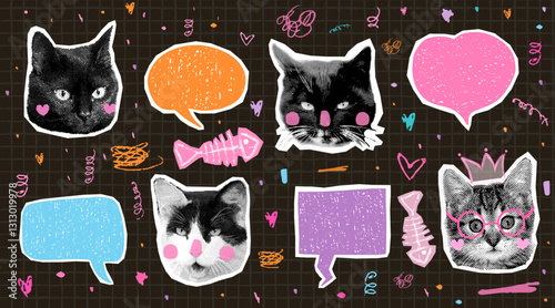 Cute vector halftone cat faces collage and doodle speech bubbles, fish bones fun kitty head quirky art graphic design elements