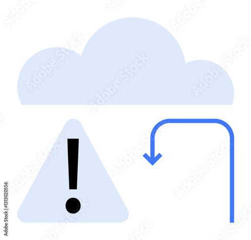 Cloud hovering above a triangle warning sign with exclamation mark and a curved arrow for data redirection. Ideal for technology, cloud service, alert, risk management, troubleshooting, data