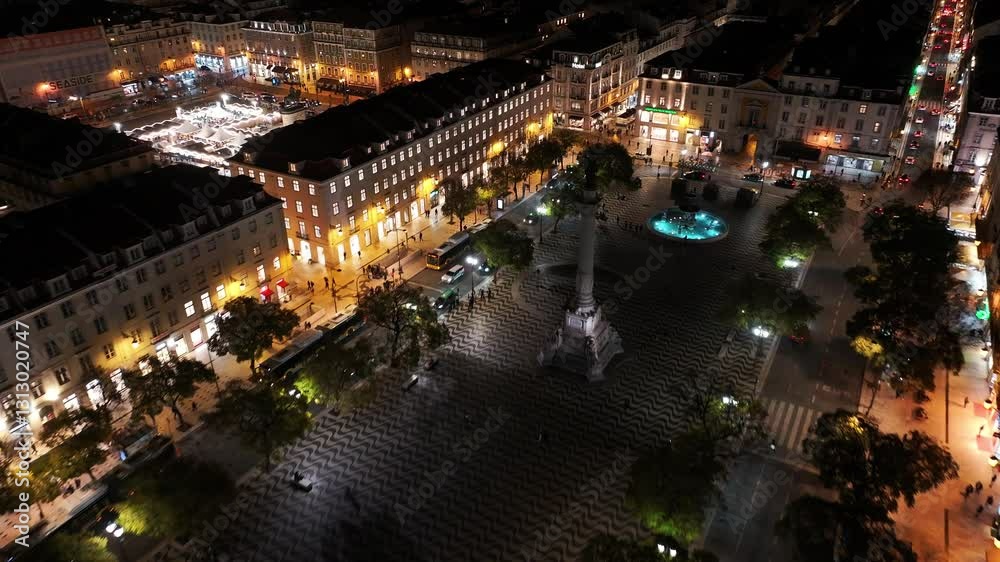 Night Scape Of Lisbon Skyline At Lisbon In District Of Lisbon Portugal. Illuminated City. Beautiful Cityscape. Lisbon Skyline At Portugal. Night City Landscape. Illuminated City.
