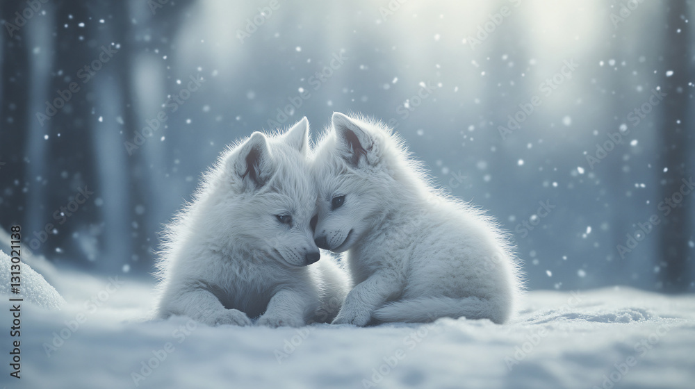 Fototapeta premium Two fluffy white wolf pups cuddling soft snow affectionate playful bond winter wonderland serene atmosphere adorable wildlife close up high resolution photography intimate natural moment love print