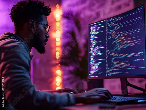 Man concentrating intently while working on computer for debugging code tasks and solving technical challenges photo