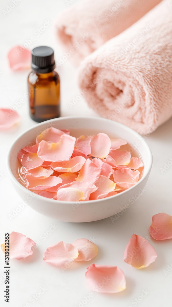Relaxing spa setting with rose petals, essential oil, and soft towels on white background Relaxing spa setting with rose petals, essential oil, and soft towels on white background